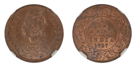 India (British) 1897 (c) (Cu) 1/12 Anna (KM 483), NGC Graded MS 64 Red Brown