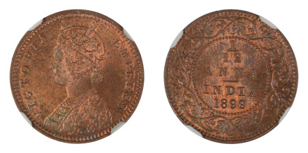 India (British) 1899 (c) (Cu) 1/12 Anna (KM 483), NGC Graded MS 64 Red Brown