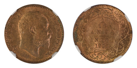 India (British) 1909 (c) (Cu) 1/12 Anna (KM 497), NGC Graded MS 65 Brown