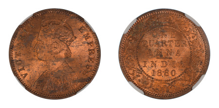 India (British) 1880 (c) 1/4 Anna (Cu) (KM 486), NGC Graded MS 63 Red Brown