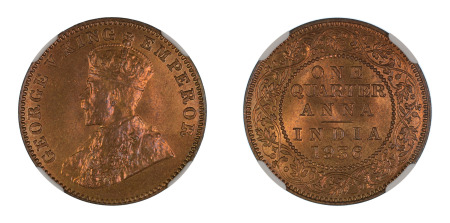 India (British) 1936 (B) 1/4 Anna (Cu) (KM 512), NGC Graded MS 67 Red Brown
