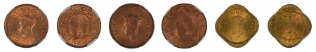 India (British) 3 Coin Lot - (Cu) 1939 (B) 1/2 Pice (KM 528), 1/4 Anna 1939 (B) (KM 530), 1/2 Anna 1942 (Cu-Ni), NGC Graded MS 65 Red