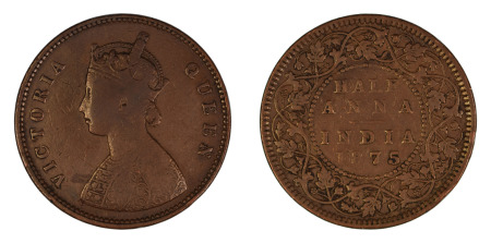 India (British) 1875 (c) 1/2 Anna (KM 468) Rare Date VG Some Hairline
