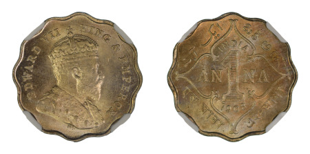 India (British) 1908 B (Cu-Ni) 1 Anna (KM 504), NGC Graded MS 65