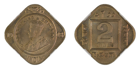 India (British) 1918 (c) 2 Annas (Cu-Ni), NGC Graded MS 65