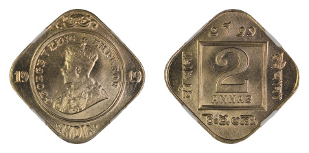 India (British) 1919 (c) 2 Annas (Cu-Ni) (KM 516), NGC Graded MS 65