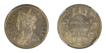 India (British) 1894 C 1/4 Rupee (Ag) (KM 490), NGC Graded MS 63