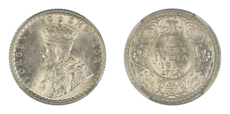 India (British) 1912 (c) 1/4 Rupee (Ag) (KM 517), NGC Graded MS 64