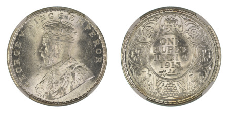 India (British) 1913 (C) (Ag) Rupee (KM 524), NGC Graded MS 65