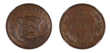 Guernsey 1834 8 Doubles, NGC Graded MS 62 Brown