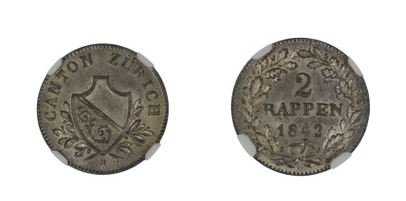 Switzerland 1842 D, 2 Rappen, Zurich, NGC graded MS 63