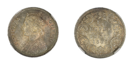 India (British) 1862 (Ag)  ¼ Rupee Calcutta mint (KM470, SW4.130), NGC graded MS 62