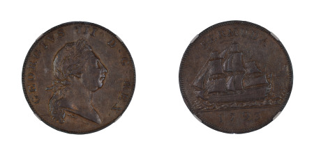Bermuda 1793 (Cu) 1 Penny, George III. NGC Graded XF 45 Brown. Scarce. Ship Reverse