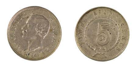 Sarawak 1913H (Ag) 5 cents, - Charles J. Brooke, Rajah (1868-1917) (KM8, SS13)
