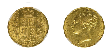 Great Britain 1845 (Au) Sovereign, Queen Victoria NGC Graded AU 58