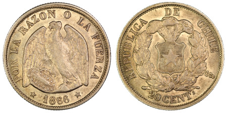 Chile 1866 (Ag) 20 Centavos