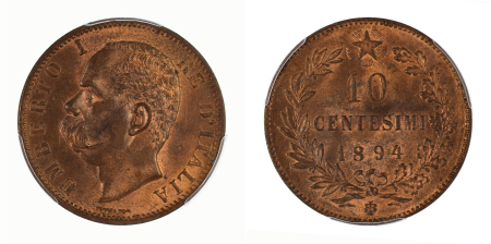 Italy 1894-BI Cu 10 Centesimi, Umberto I
