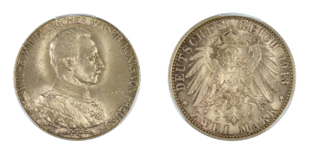Germany 1913A Prussia Ag 2 Marks, 25th Anniversary of Wilhelm II