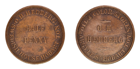 Australia c.1860 Cu ½ Penny Token, O.H.HEDBERG Swedish House