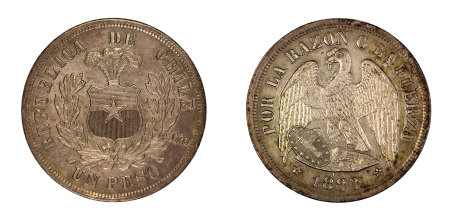 Chile 1883 Ag Peso, Round Top 3