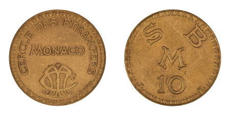 Monaco 1890-1950 Brass 10 SMB "Cercle des Etrangers" Casino token