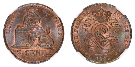 Belgium 1865 Cu 2 Cents , NGC Top Pop