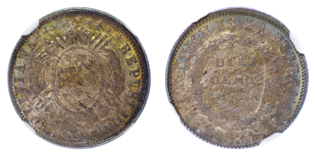 Bolivia 1884/3PTS FE Ag 10 Centavos, NGC Top Pop MS 64
