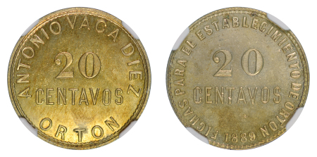 Bolivia 1889 Ag 20 Centavos, Orton Barraca, Antonio Vaca Diez, MS 63