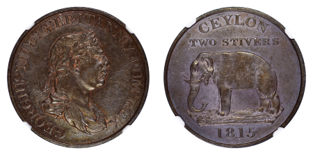 Ceylon 1815 Cu 2 Stuivers, George III, No Rose below bust