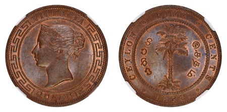 Ceylon 1870 Cu 5 Cents, Victoria, MS 63 RB