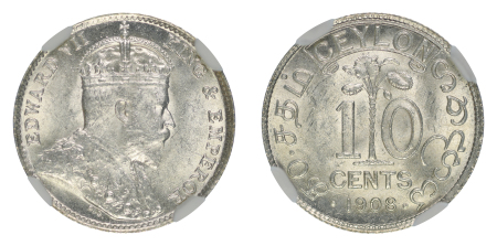 Ceylon 1908 Ag 10 Cents, Edward VII, Graded MS 64