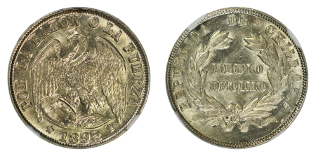Chile 1892 /72SO Ag ½ Decimo