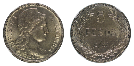 Colombia 1909 AM Ni 5 Pesos, Papel Moneda, NGC Top Pop