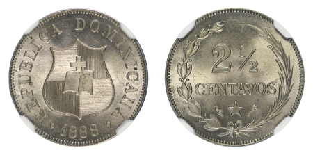 Dominican Republic 1888A Cu-Ni 2.5 Centavos, NGC Graded MS 65