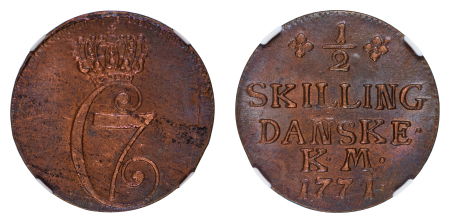 Denmark 1771 Cu ½ Skilling, 15mm Monogram, NGC Top Pop