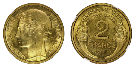 France 1931 Brass 2 Francs, NGC Top Pop