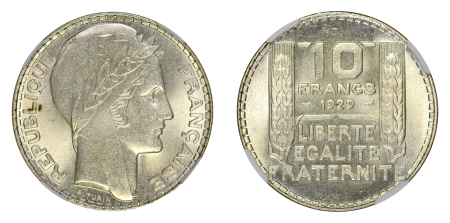 France 1929 Ag 10 Francs, NGC Top Pop