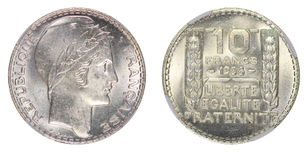France 1938 Ag 10 Francs, NGC Top Pop