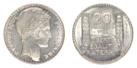 France 1933 Ag 20 Francs, Long Leaves variety