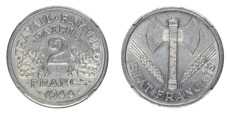 France Vichy State 1944C Alu 2 Francs, NGC Top Pop