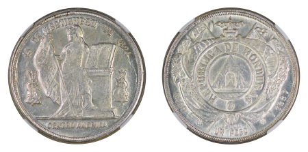 Honduras 1887 Ag Peso, Doubled Die reverse, NGC Top Pop 