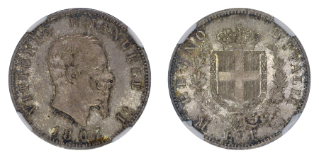 Italy 1867M BN Ag 1 Lira, NGC Top Pop