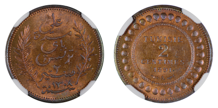 Tunisia AH1308//1891A Cu 2 Centimes