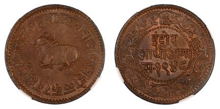 India, Indore VS1948 (1891) Cu ½ Anna, NGC Top Pop