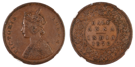 India (British) 1876 C Cu ½ Anna, Victoria, Scarce 
