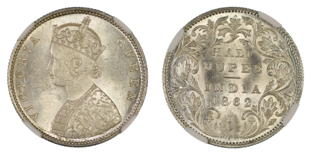 India (British) 1862 (B&M) Ag ½ Rupee, 4.75 Panels, Slant Top 1