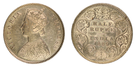 India (British) 1889 C Ag 1/2 Rupee, Victoria