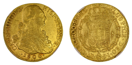Colombia 1806NR JJ Au 8 Escudos, Charles IV
