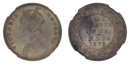 India (British) 1878C Cu ¼ Anna, Victoria, NGC Graded AU 55 Brown, scarce 