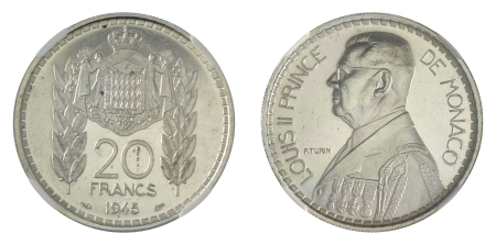 Monaco, 1945 (Ag),  20 Francs, Essai (KM E21) - Superb